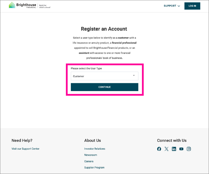 Step 3: Choose Customer as the User Type and select CONTINUE