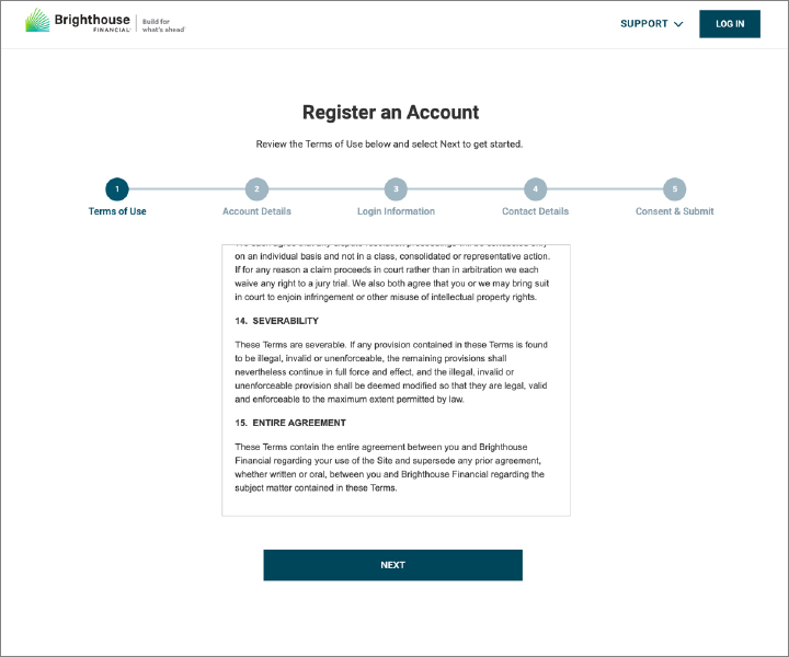 Step 4: Review the Terms of Use and select NEXT